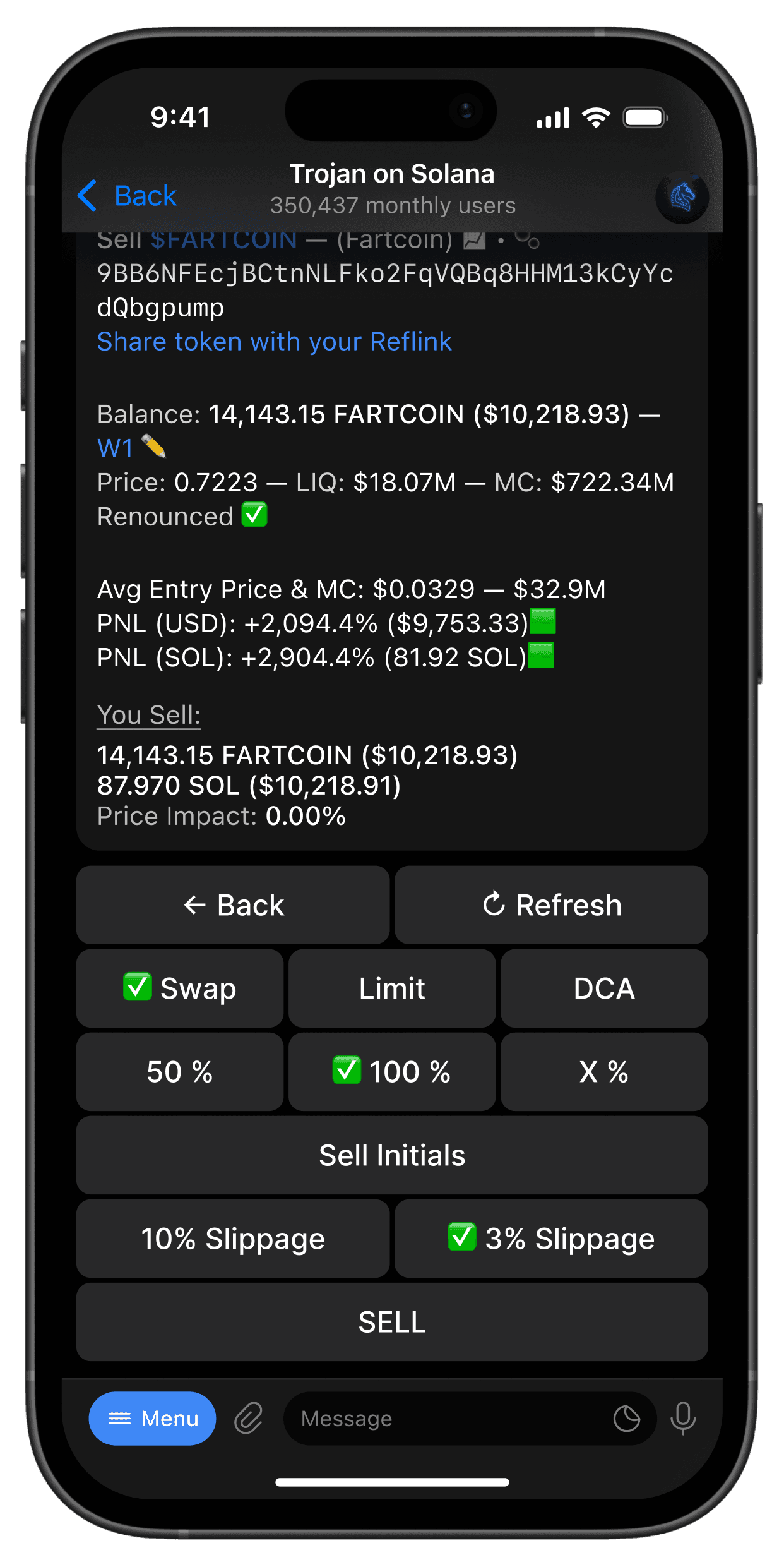 Image of a iPhone showing the Trojan on Solana bot