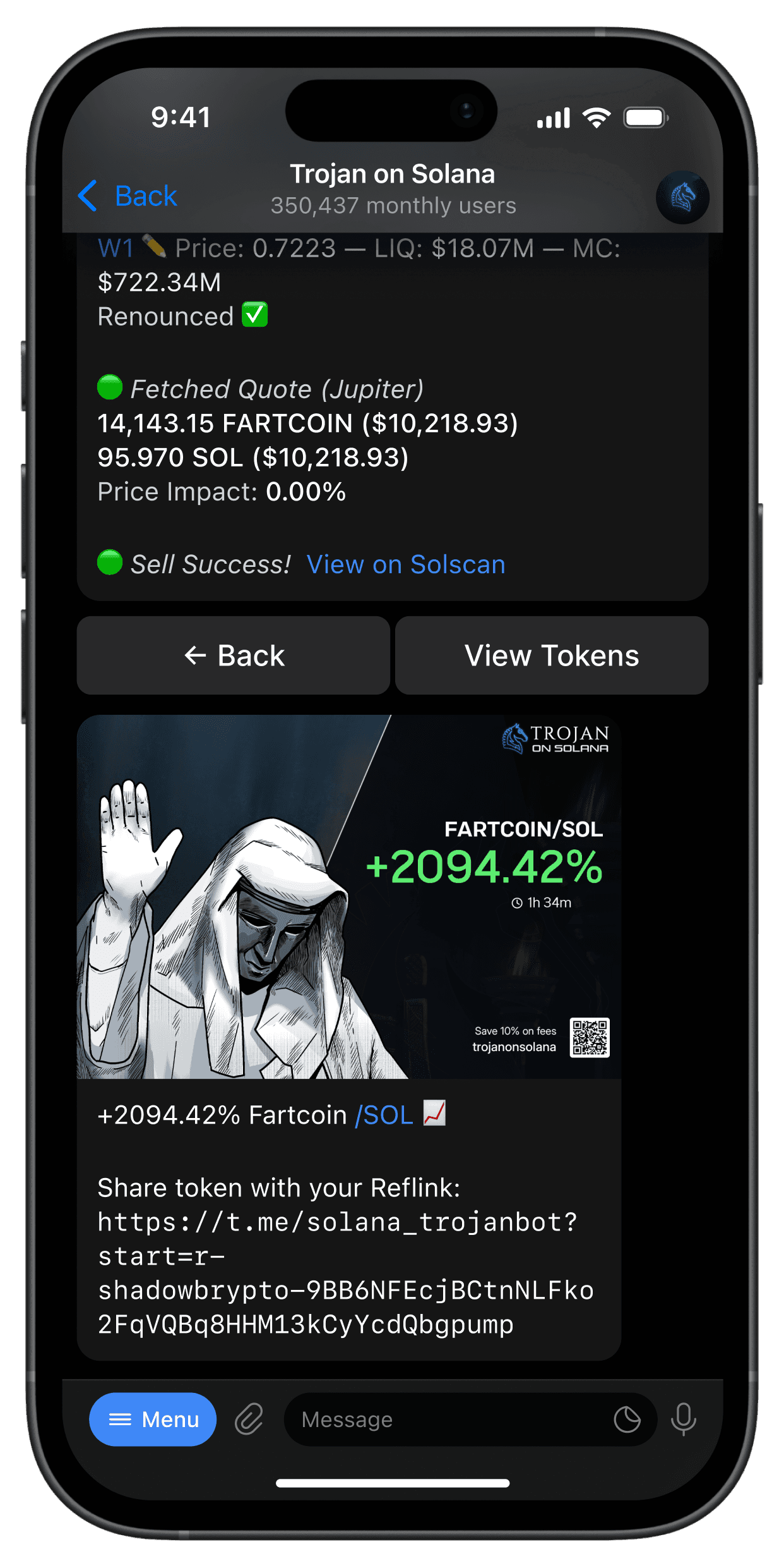 An image showing the Trojan on Solana trading bot in action